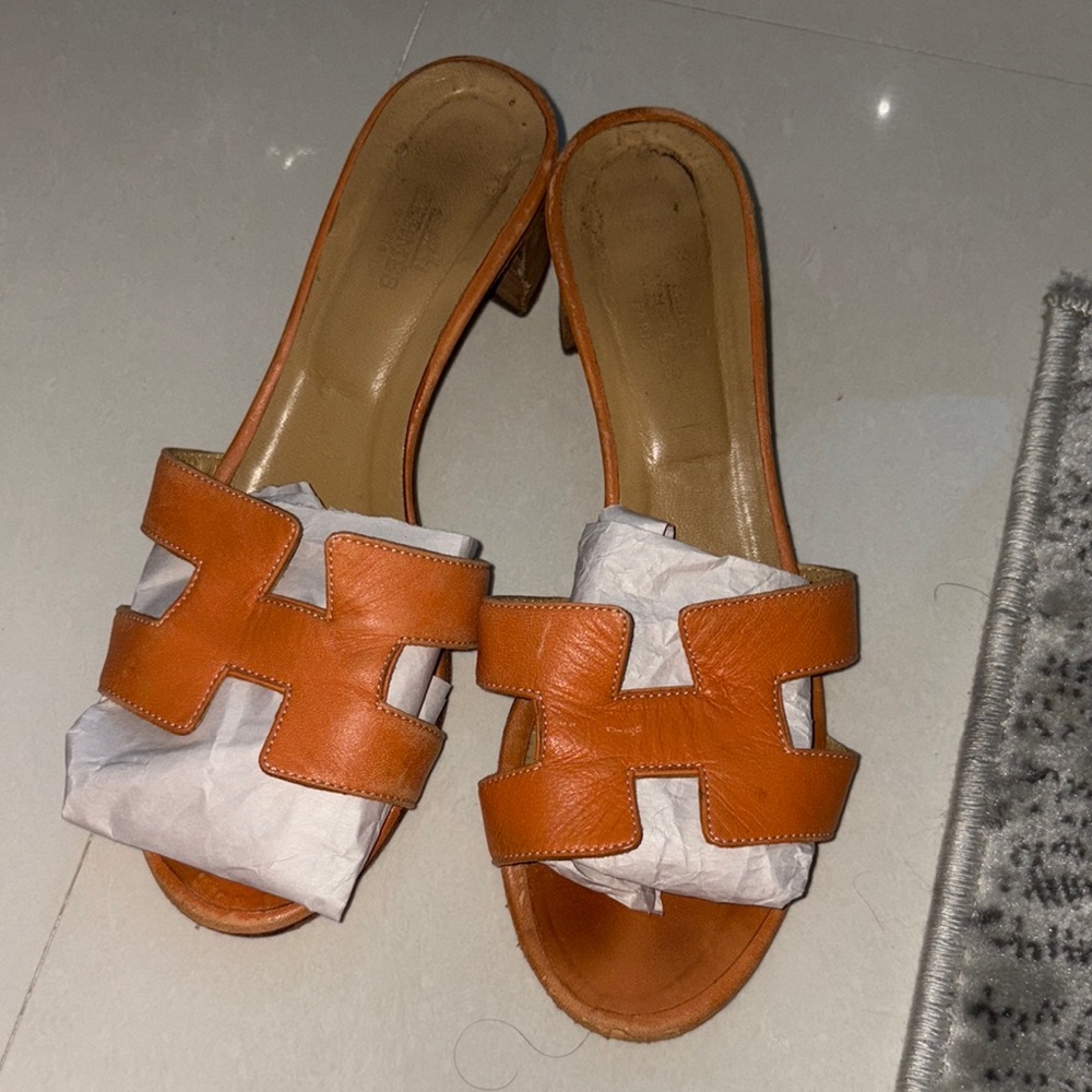 Hermes Women's Orange oasis Leather Slide Sandals